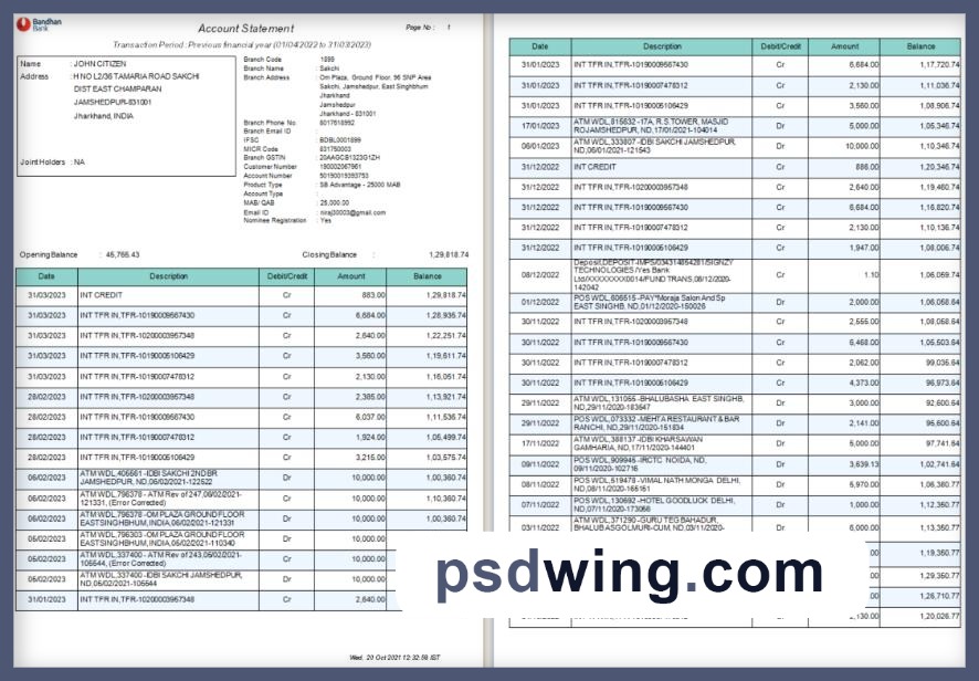 India Bandhan Bank Statement (4 Pages, Word)